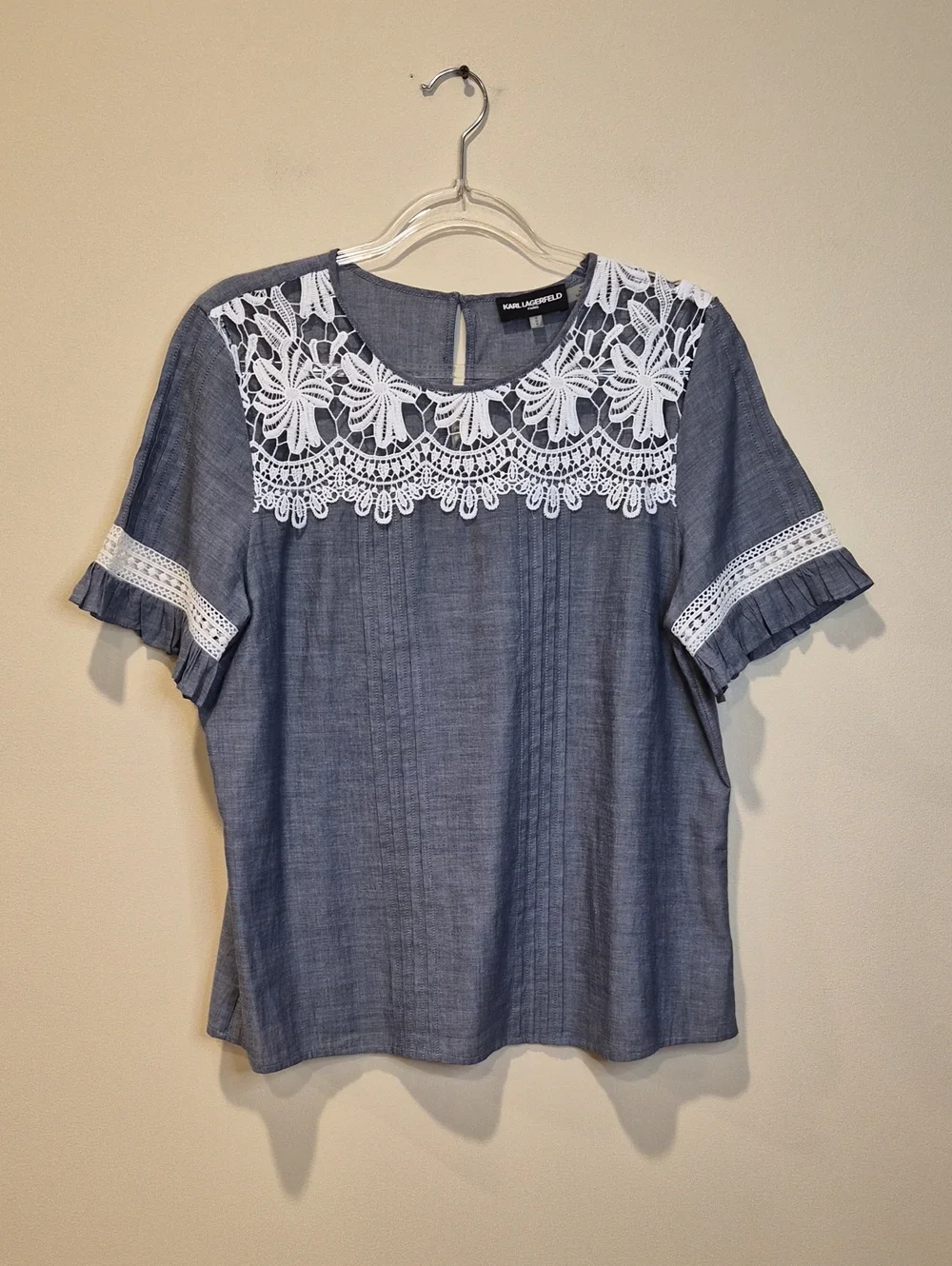 Karl Lagerfeld Cotton Blue Chambray Lace-Yoke Short Sleeve Blouse